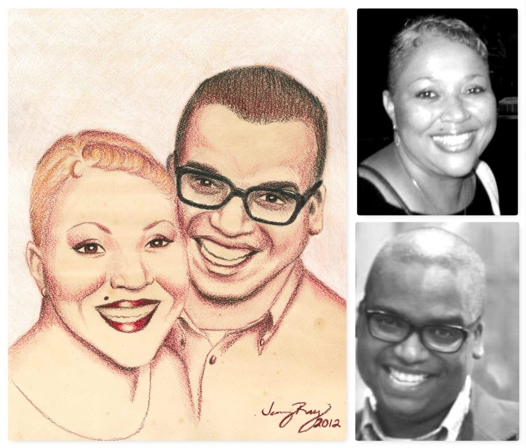 Colored pencil portrait of a black man and woman compared to the reference photos used to create the portrait.