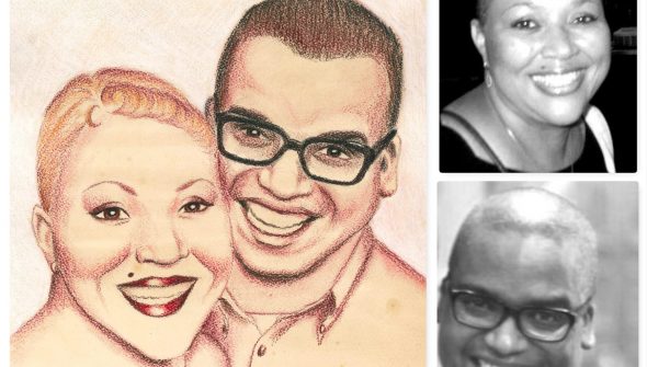 Colored pencil portrait of a black man and woman compared to the reference photos used to create the portrait.