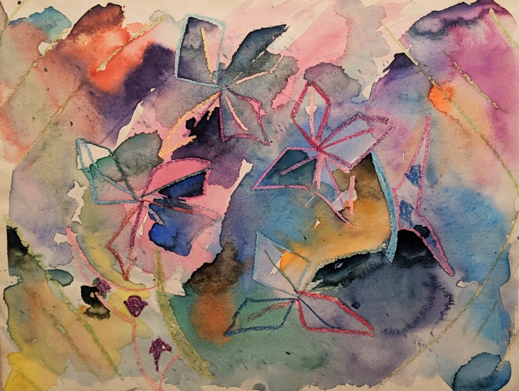 Abstract mixed media painting of butterflies and flowers.