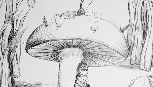Ink drawing of Alice and the Mad Hatter laying on top of a mushroom and playing tic-tac-toe with hookah smoke. The caterpillar is under the mushroom looking disgruntled.