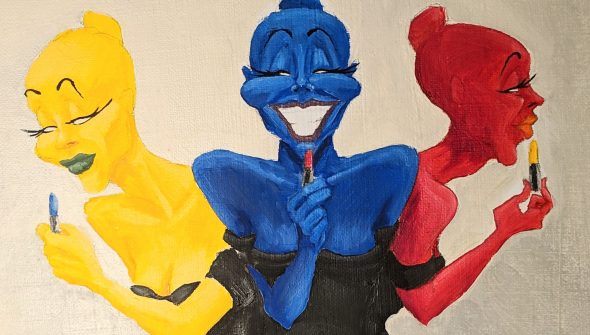 Acrylic painting of a yellow woman, a blue woman, and a red woman putting on lipstick that changes their lips to green, purple, and orange, respectively.