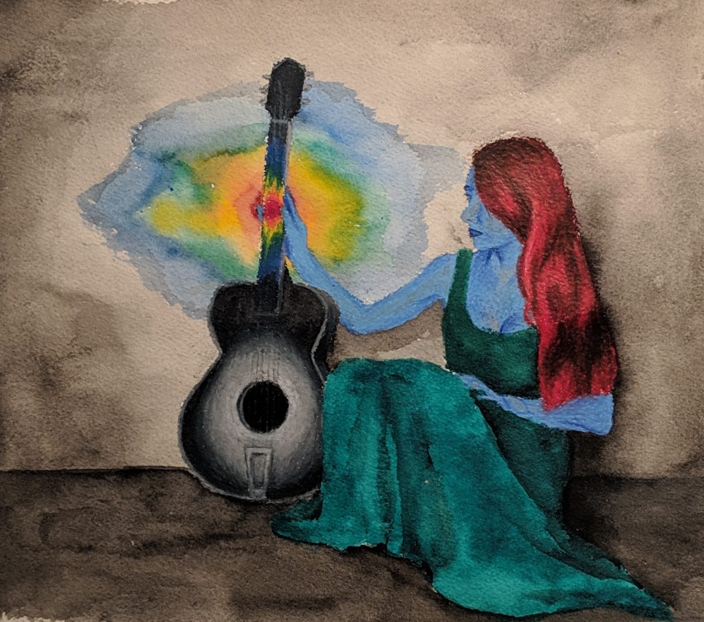 Mixed media painting of a blue woman with red hair touching a gray guitar, causing a rainbow of color to start to spread across the guitar and gray room.