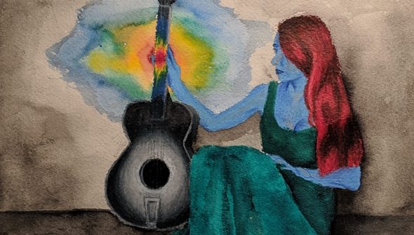 Mixed media painting of a blue woman with red hair touching a gray guitar, causing a rainbow of color to start to spread across the guitar and gray room.