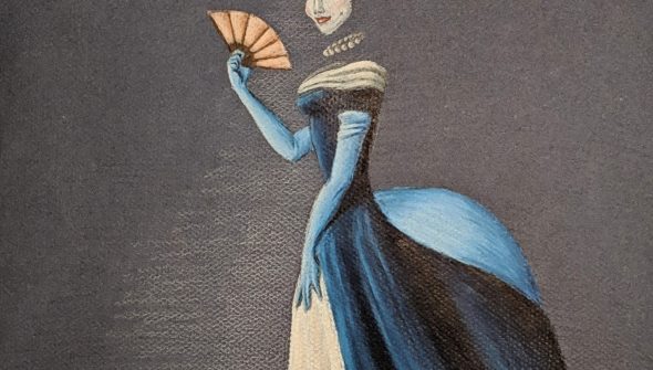 Colored pencil drawing of an elegant dress, wig, and mask from the 17th century that appears to be worn, but there is no one actually in the dress.