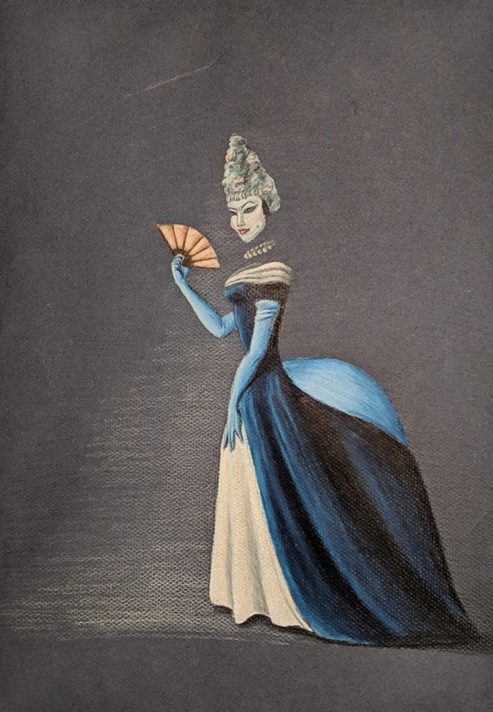 Colored pencil drawing of an elegant dress, wig, and mask from the 17th century that appears to be worn, but there is no one actually in the dress.