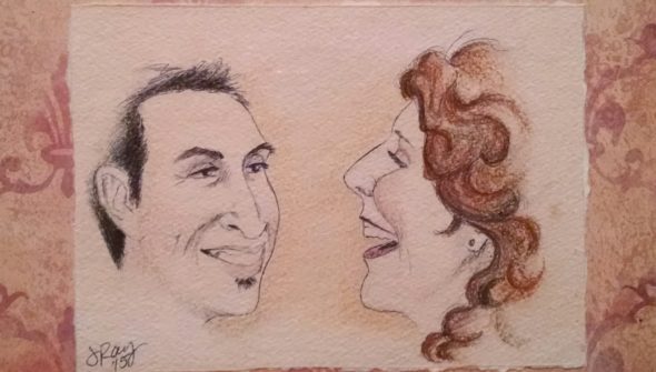 Mixed media portrait of a Hispanic man and white woman