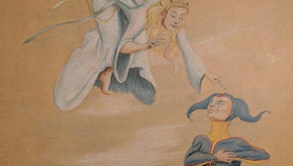 Colored pencil drawing of a jester on bended knee with his hands over his heart as he smiles in adoration of what seems to be an angel flying above him, but her face is a mask and two small red horns are poking out of her hair.