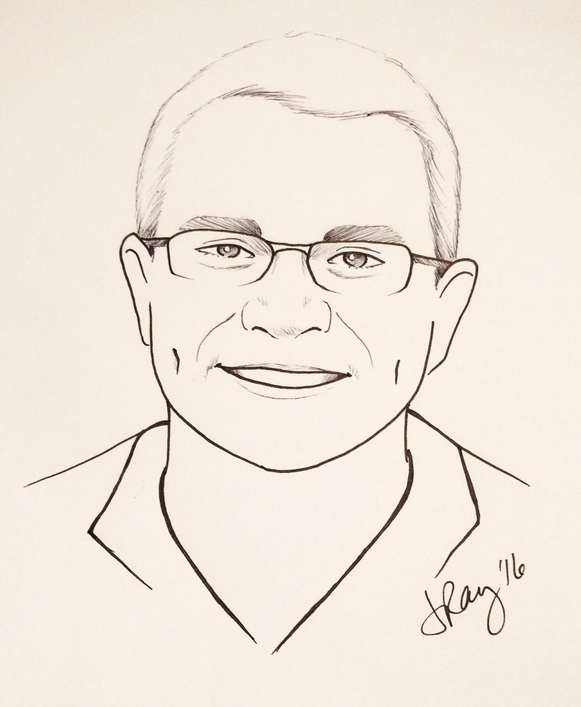 Ink portrait of a white man with glasses