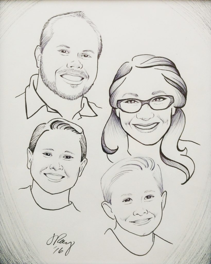 Ink portrait of a white family with two sons
