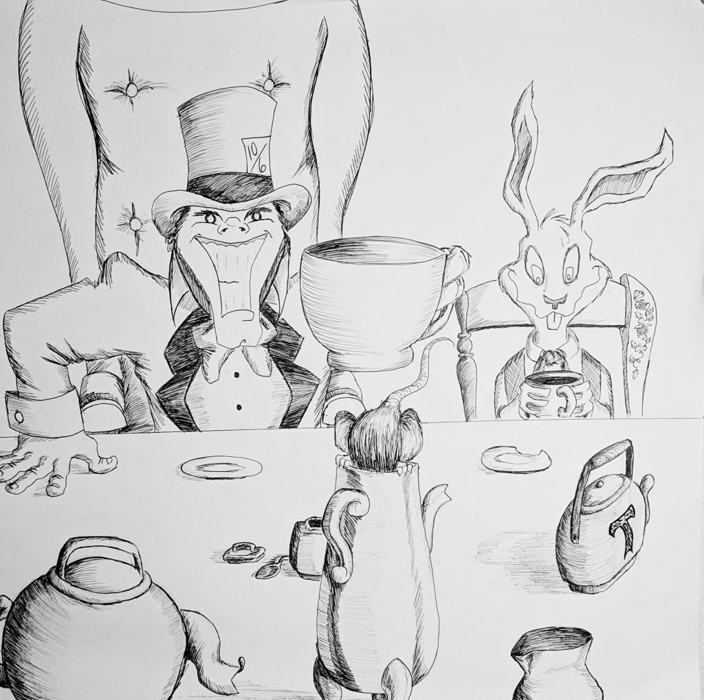 Ink drawing of the Mad Hatter, March Hare, and Dormouse in Wonderland.