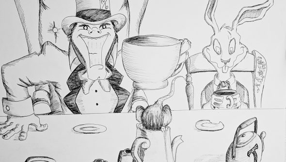 Ink drawing of the Mad Hatter, March Hare, and Dormouse in Wonderland.