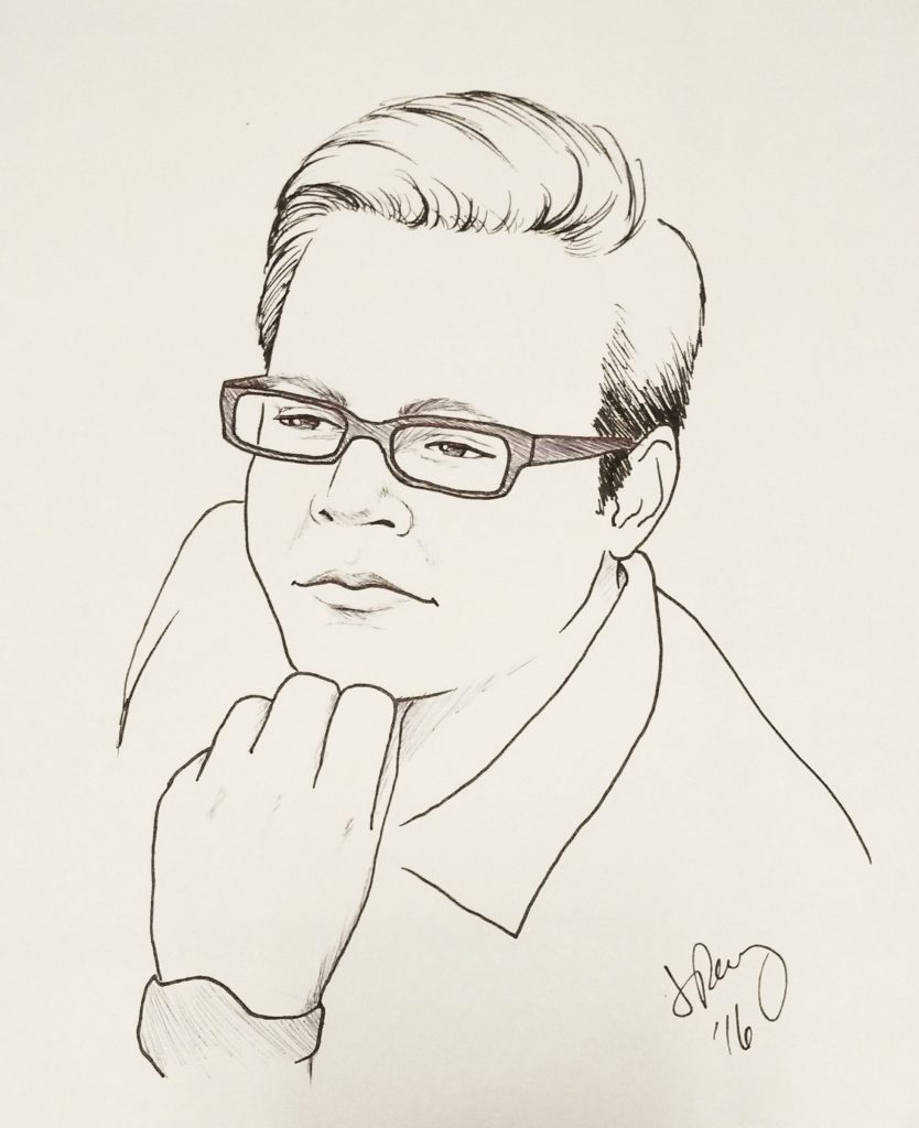 Ink portrait of a white man in glasses with his hand on his chin