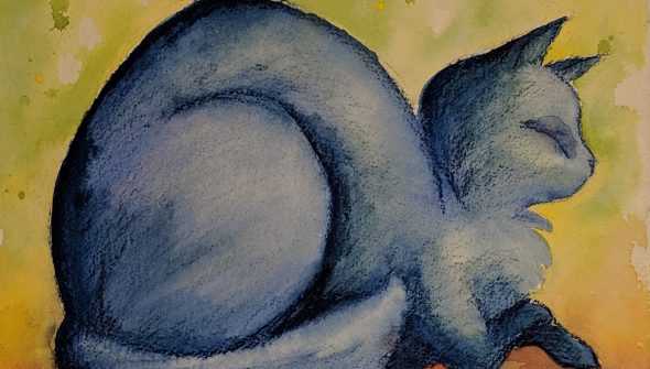 Mixed media painting of a very fluffy blue cat with the words of a poem around it.