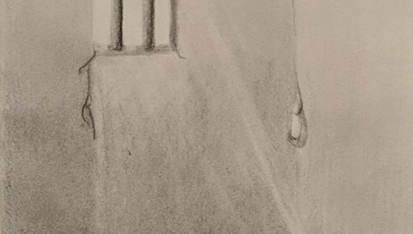 Pencil drawing of an eye crying. The tears run down the corner of a prison cell where a small girl huddles in the corner.
