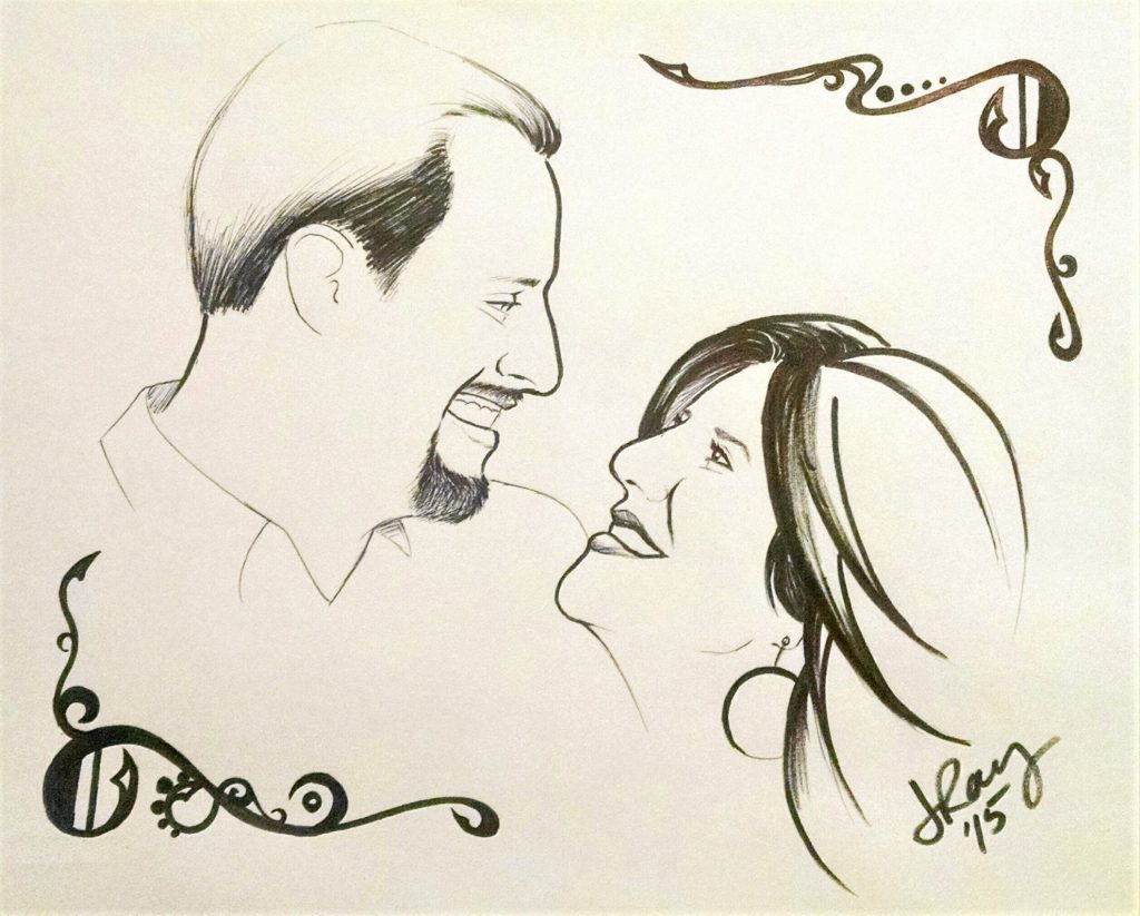 Ink portrait of a white husband and wife smiling at each other with decorative flourishes around them.