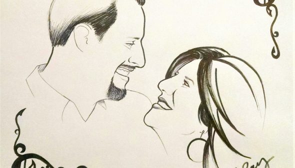 Ink portrait of a white husband and wife smiling at each other with decorative flourishes around them.