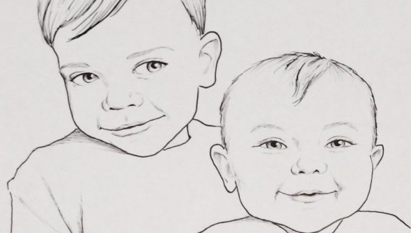 Ink portrait of a toddler boy holding his baby sister.