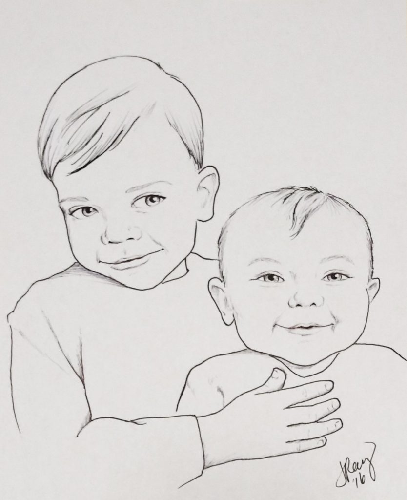 Ink portrait of a toddler boy holding his baby sister.