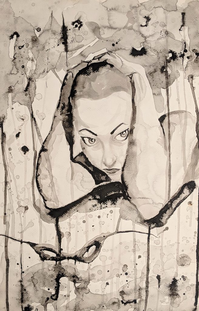 Ink painting of a woman on the ground covering her head with her hands as rain pours down. There is a mask in front of her.