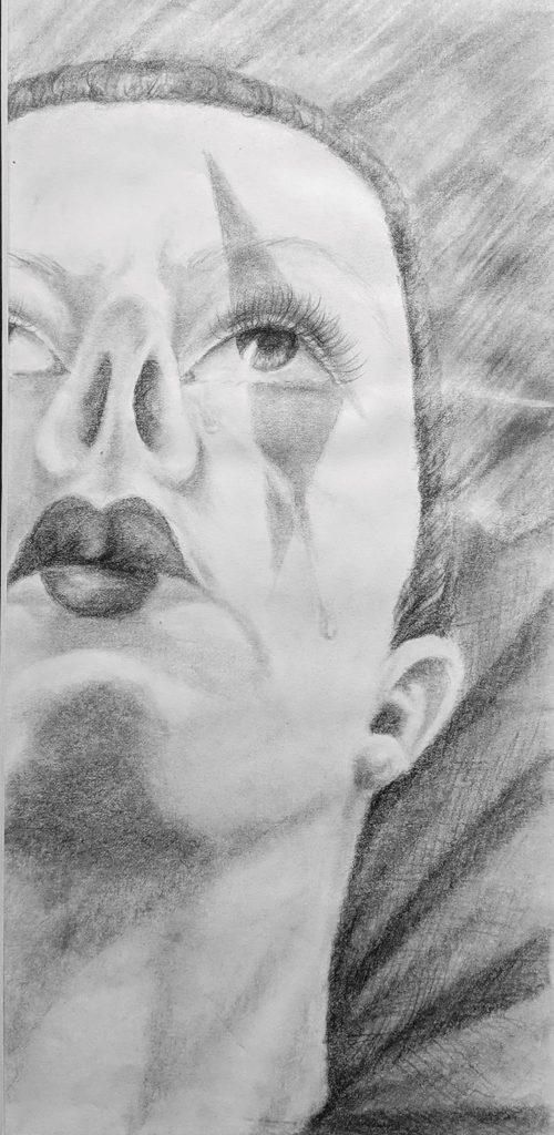 Pencil drawing of a female clown with a single tear rolling down her cheek.