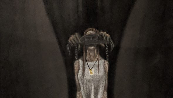 Pastel drawing of a woman chained to a tall hooded creature that is putting a blindfold on her.