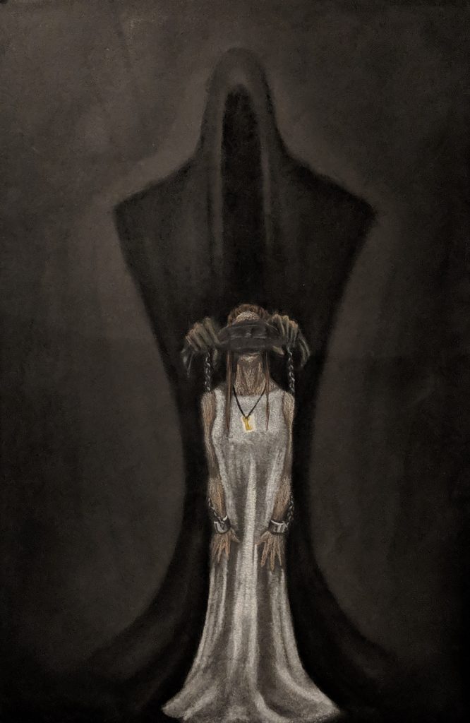 Pastel drawing of a woman chained to a tall hooded creature that is putting a blindfold on her.