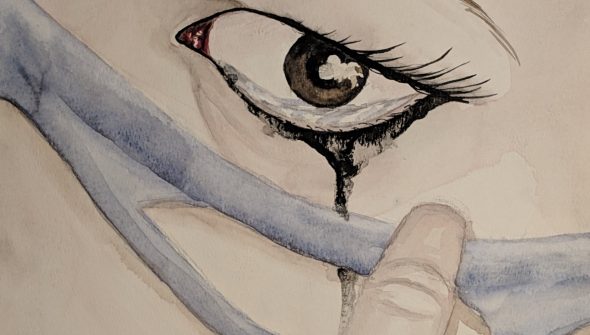 Watercolor painting close up of a woman's crying eye as she pulls off the mask she was wearing.