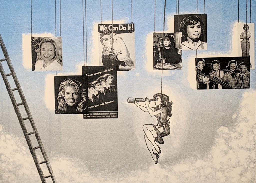Lithograph of a woman in the middle of many signs showing various female role models and stereotypes. The woman is looking toward the role models and a ladder reaching into the sky.