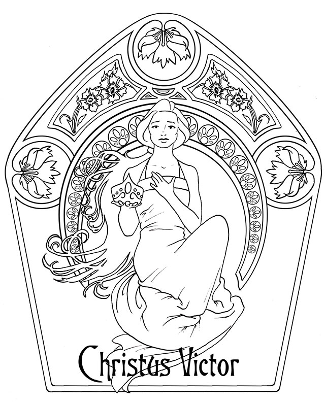 Intricate Art Nouveau ink design of a woman kneeling down, holding out her crown.