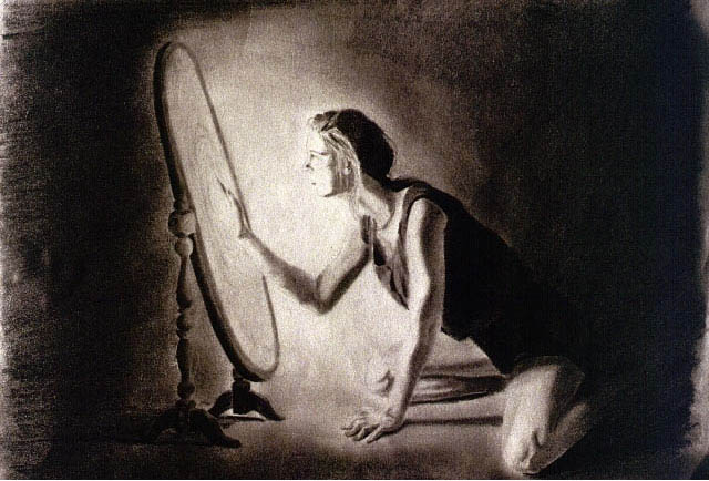 Drawing of a girl reaching into a mirror.