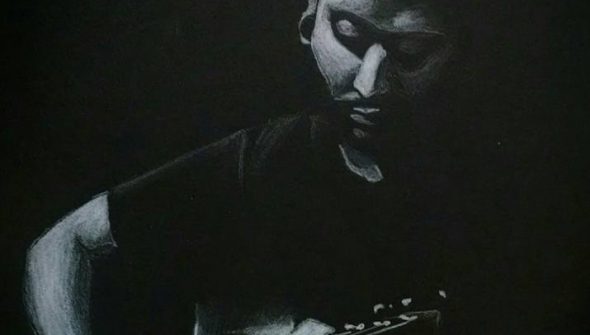 White pencil portrait of a hispanic guitar player on black paper.