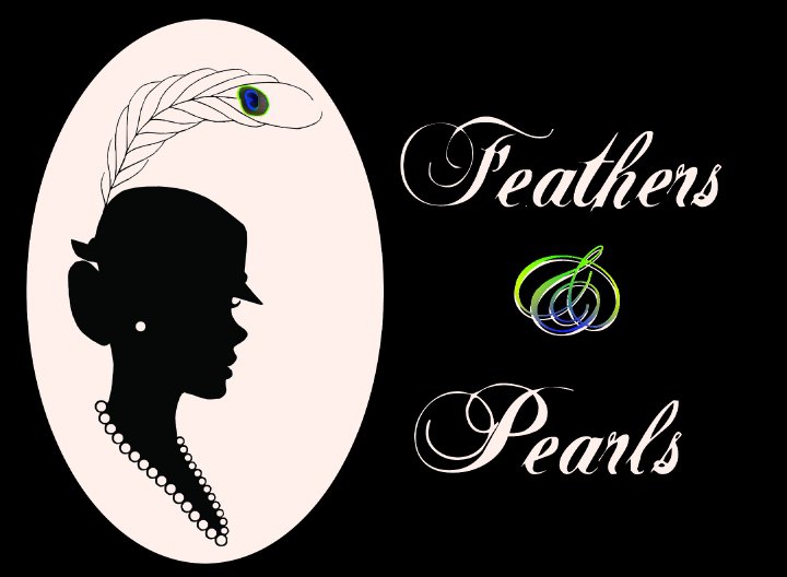 Silhouette of a woman's profile, wearing a hat with a peacock feather, pearl earring, and a pearl necklace.