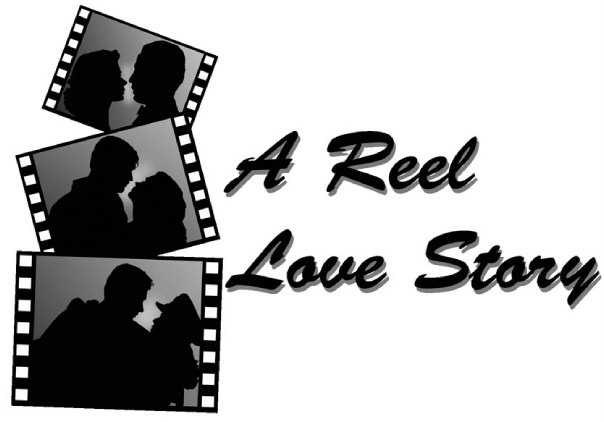 Three film reel sections with silhouettes of couples from popular romance films: Casablanca, Gone with the Wind, and An Officer and a Gentleman.