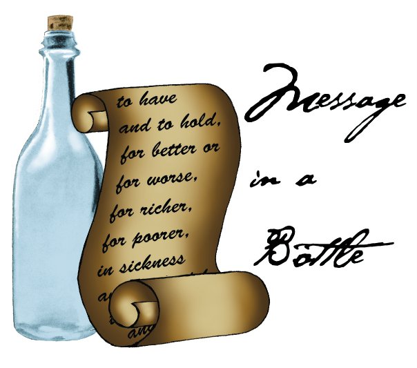 A bottle next to a scroll with the traditional marriage vows written on it.