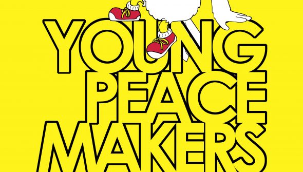 A cartoon dove wearing a red baseball cap backwards and red sneakers chews on an olive branch and sits on top of the words "Young Peace Makers". Below is a quote from Matthew 5:9 "Blessed are the peacemakers, for they will be called children of God."