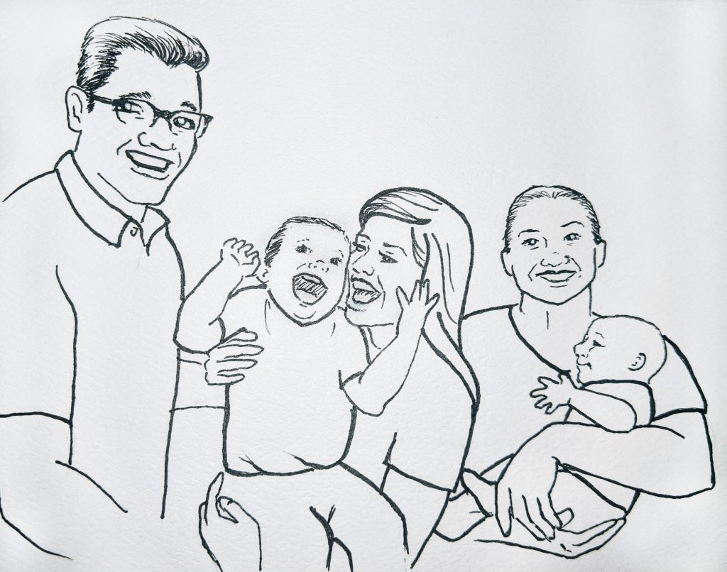 Ink drawing of a family on a 5.5" x 3.5" greeting card