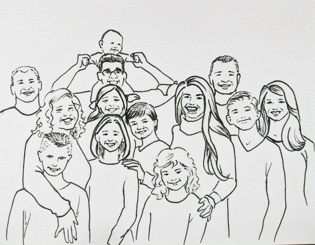 Ink drawing of a large extended family