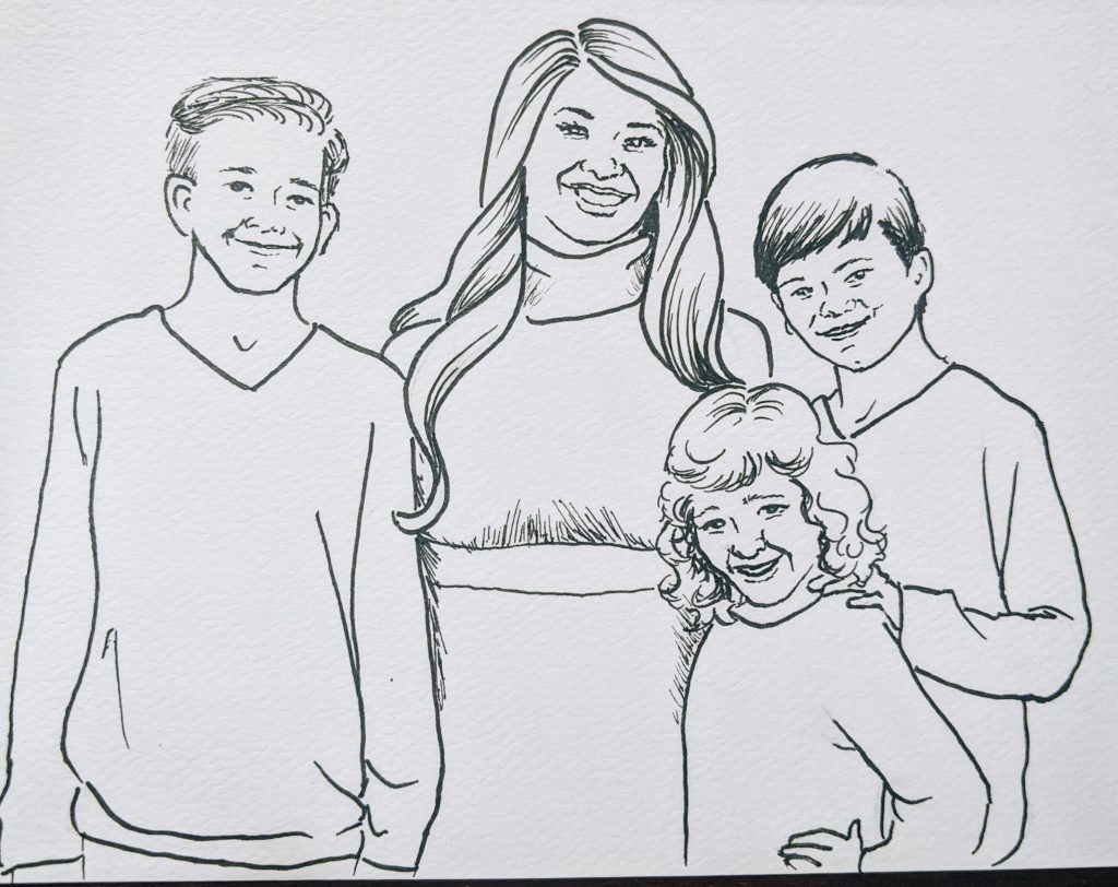 Ink drawing of a mother with three kids