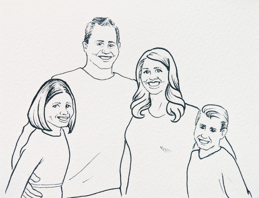 Ink drawing of a father, mother, daughter, and son