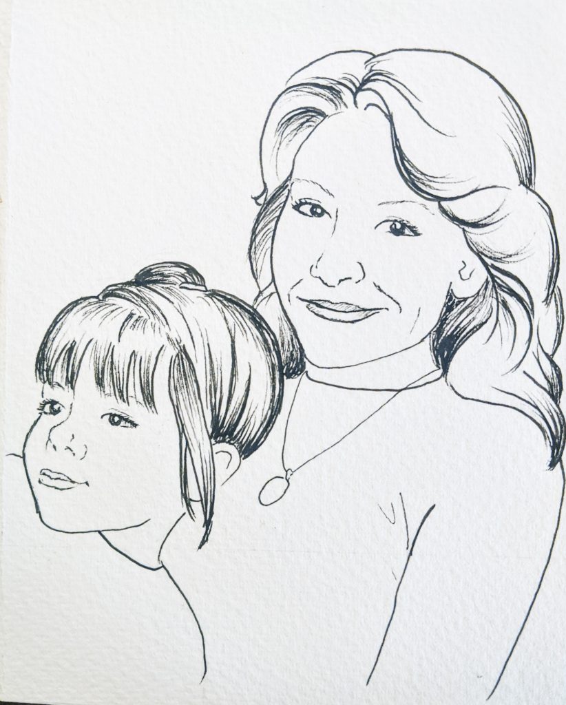 Ink drawing of a mother with her young daughter