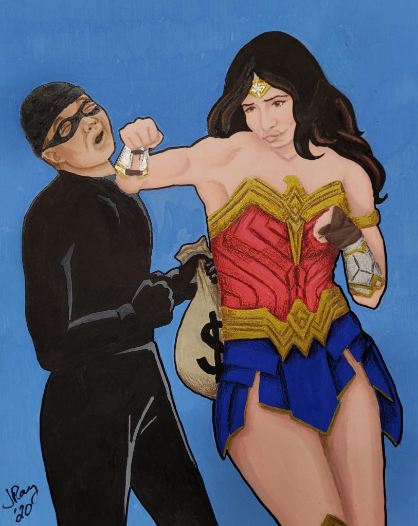 Ink and colored pencil portrait of a teen girl as Wonder Woman punching a robber.