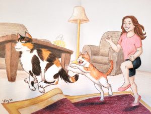 Cartoon of two cats and a girl playfully running through a living room