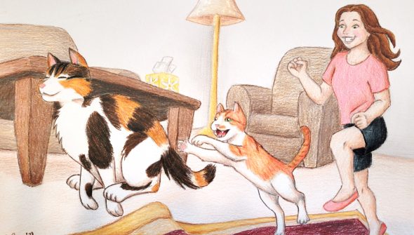 Cartoon of two cats and a girl playfully running through a living room