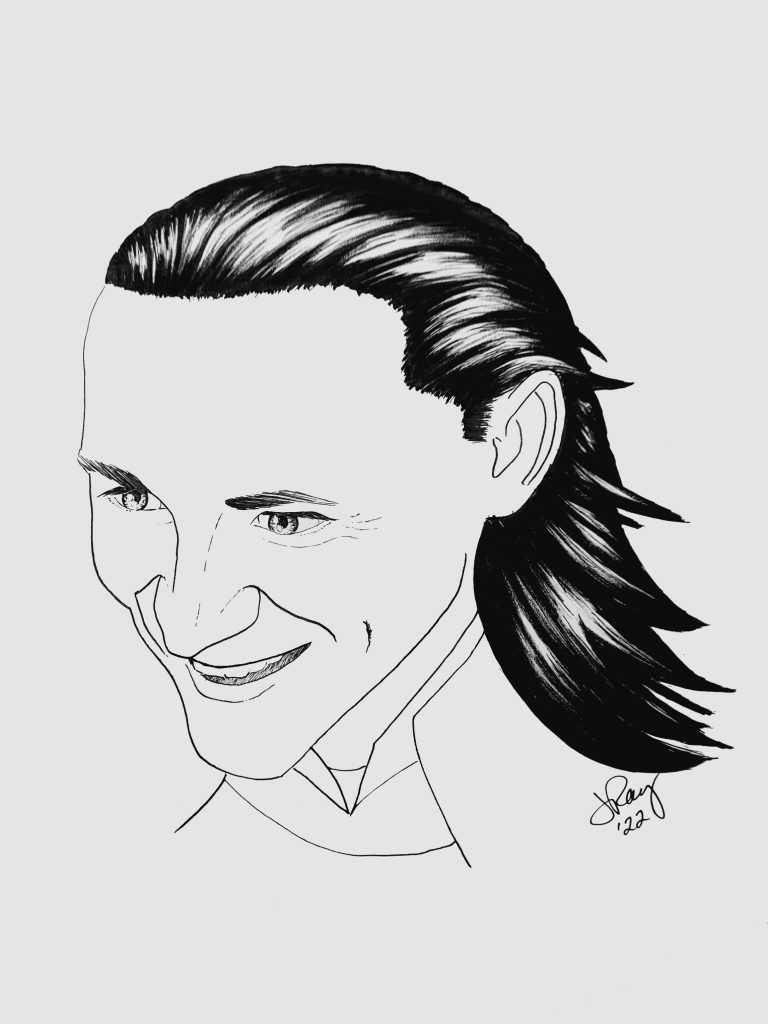 Ink drawing of Tom Hiddleston as Loki