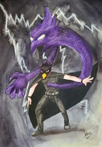 Watercolor painting of a young man with the head of a black bird, wearing a black cloak which he has thrown open to reveal a dark purple entity coming out of his chest and wrapping around his body. The entity has a bird- like head with glowing white eyes. 