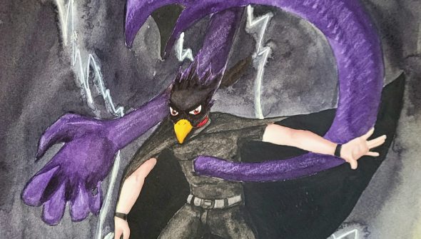 Watercolor painting of a young man with the head of a black bird, wearing a black cloak which he has thrown open to reveal a dark purple entity coming out of his chest and wrapping around his body. The entity has a bird- like head with glowing white eyes.