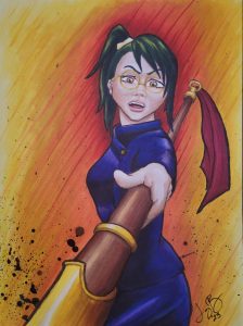Color drawing of a young woman wielding a polearm at the viewer.