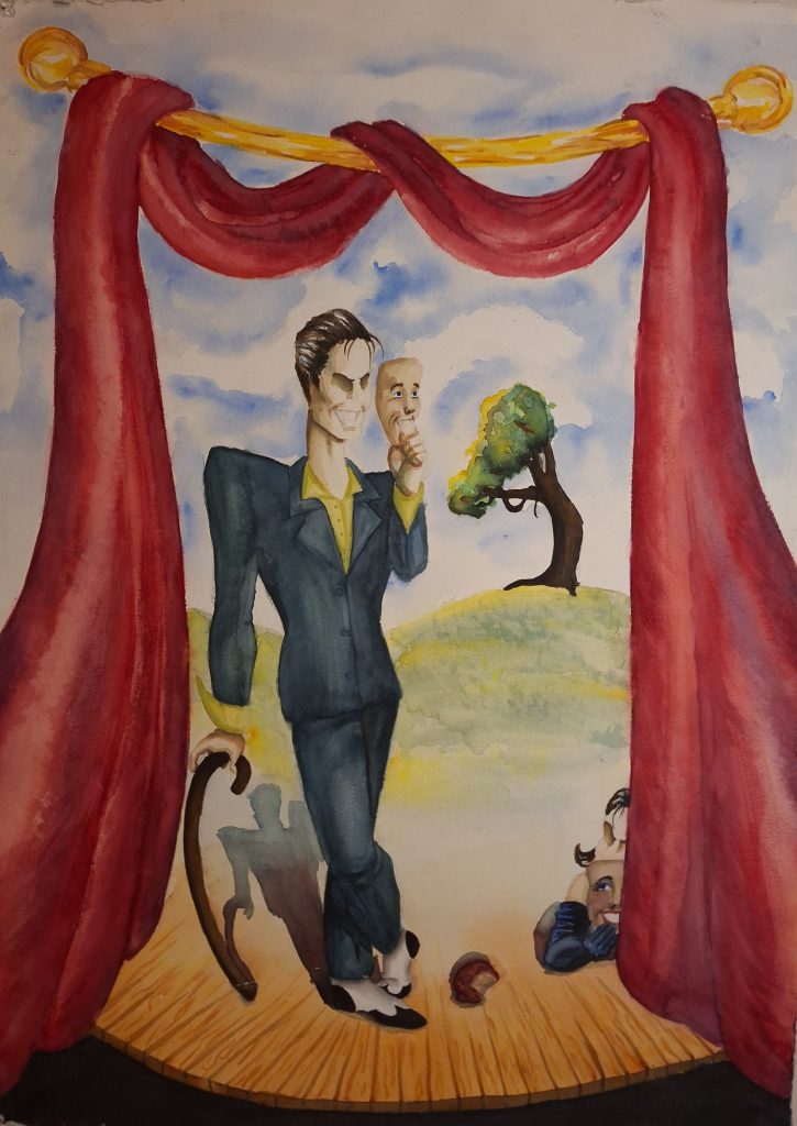 Watercolor painting of a man in a green suit on a stage. He is holding a mask of his face, revealing his real face which has no eyes and a sinister smile. On the floor of the stage is a woman peeking out from behind the curtain. She also has a mask and no eyes. Between the two people on the stage is a rotten apple with bites taken out of it. In the background is a tree with a snake hanging from a branch.