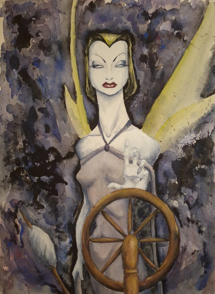 Watercolor painting of Maleficent from Sleeping Beauty, but in a different style. She is tall and thin with a sickly lime green bob. Her fairy wings are the same color. She is reaching out to a spinning wheel.