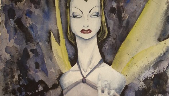 Watercolor painting of Maleficent from Sleeping Beauty, but in a different style. She is tall and thin with a sickly lime green bob. Her fairy wings are the same color. She is reaching out to a spinning wheel.